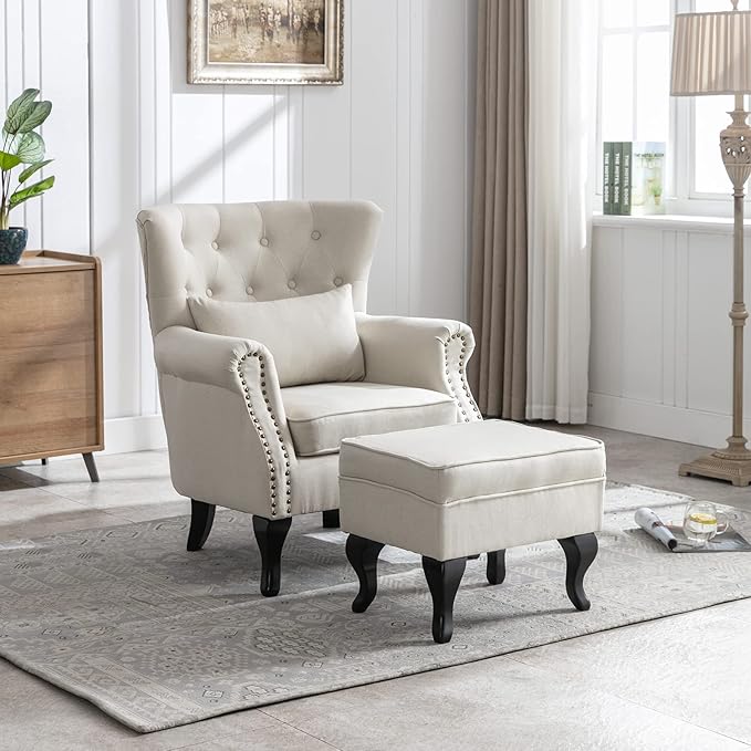 LZAREAL Accent Reading Arm Chairs with Ottoman for Living Room Bedroom, Midcentury Modern Comfy Corner Sofa Chair, Wingback Waiting Room Club Chair with Button Tufted Back &Lumbar Pillow, Linen Beige