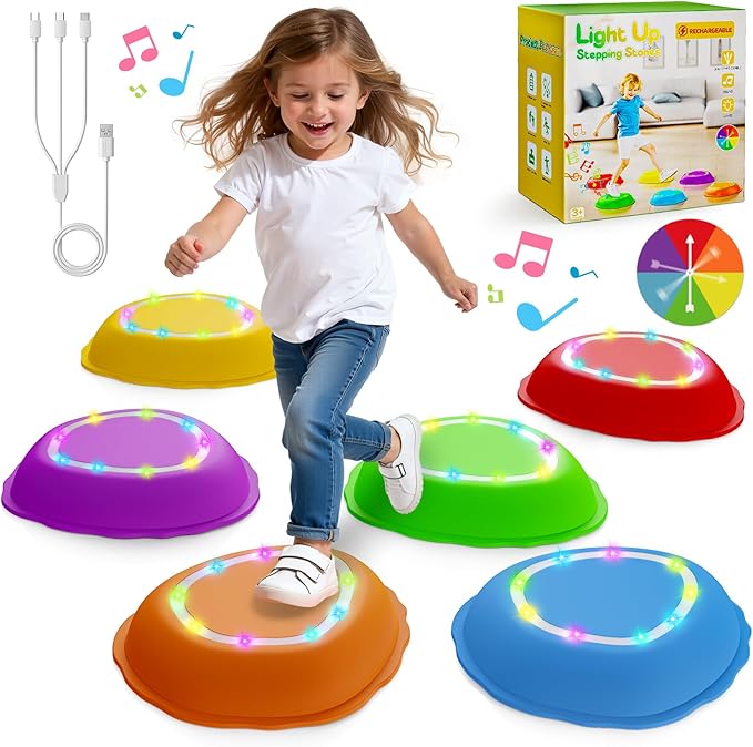 Scvcid Rechargeable Stepping Stones for Kids, 6pcs Music and Light Up Anti-Slip Balance Sensory Toys for Toddler, Kids Indoor and Outdoor Play Equipment, Birthday Gifts Toys for 3 4 5+ Year Old Kids