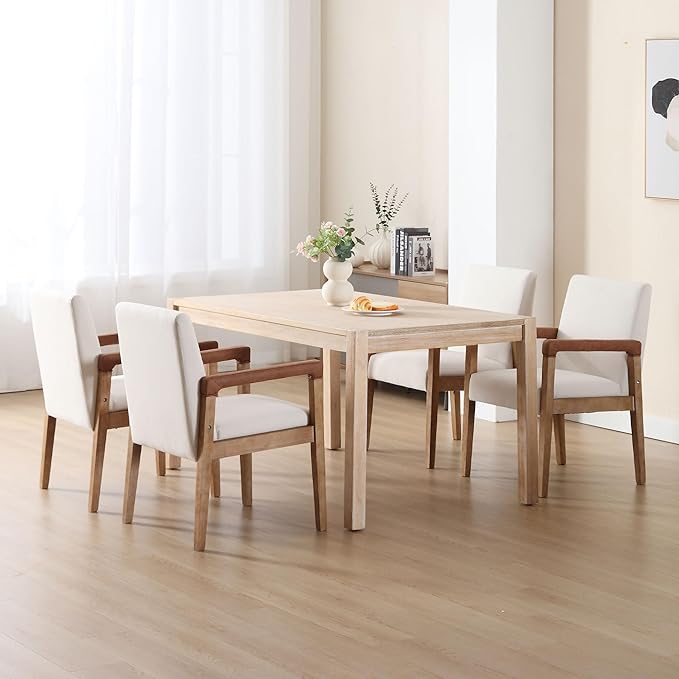 DM Furniture Mid Century Modern Dining Chairs Set of 6 Linen Fabric Upholstered Accent Chairs Comfy Kitchen Chairs with Solid Wood Frame Armchair for Living Room, Ivory
