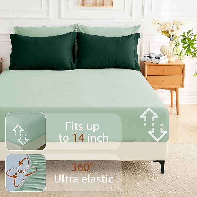 MUXHOMO 7 Pieces Queen Comforter Set, Soft Bed in a Bag Queen Size, All Season Bedding Set with Comforter, Flat Sheet, Fitted Sheet, Pillowcases & Shams, Forest Green & Sage Green