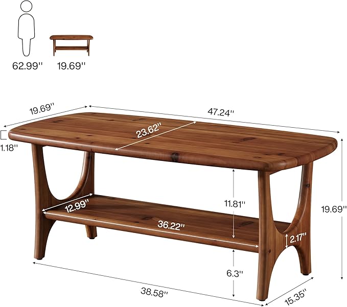 Solid Wood Coffee Table, 47.24” Mid-Century Modern Rectangle Living Room Table, 2-Tier Center Table for Living Room