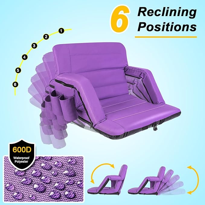 Stadium Seats with Back Support Wide, Exclusive Bleacher Chairs with Back and Cushion Folding Stadium Chairs, 6 Reclining Positions Waterproof Bleacher Seats with 2Hooks (Wide|22.5" Purple)