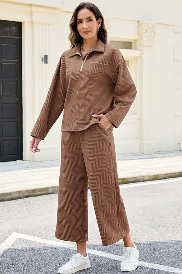 AGSEEM Lounge Sets for Women, Women's 2 Piece Outfits Long Sleeve 1/4 Zip Pullover Cropped Pants 2PC Outfit Comfy Sweatsuits