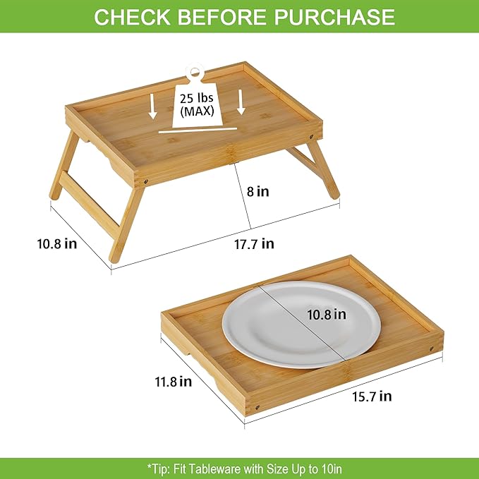 Youpehom Bed Tray Table with Folding Legs,Bamboo Breakfast in Bed for Kitchen Serving Tray,Sofa,Eating,Used As Laptop Desk Snack Tray (Bamboo, Medium)