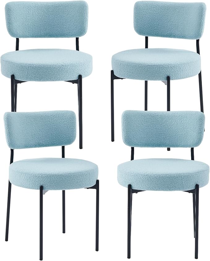 Stabrech Blue Boucle Dining Chairs Set of 4, Upholstered Dinner Chair with Metal Frame, Dining Room Chairs with Padded Seat, Round Modern Seating for Living Room