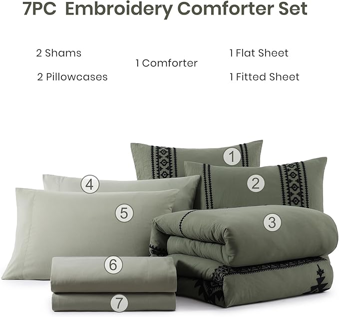 MaiRêve Embroidery Comforter Set, Boho Farmhouse Western Bedding Set, All Season Bed in A Bag Comforter Set with Sheets, Pillowcases & Shams, Olive Green King 7 Pieces