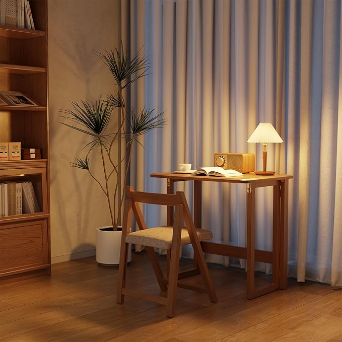 WoodsWhisper Solid Wood Folding Desk, Mid Century Modern Home Office Desk,Adjustable Foldable Computer Desk for Small Spaces,31.5" Foldable Computer No Assembly Small Writing Desk