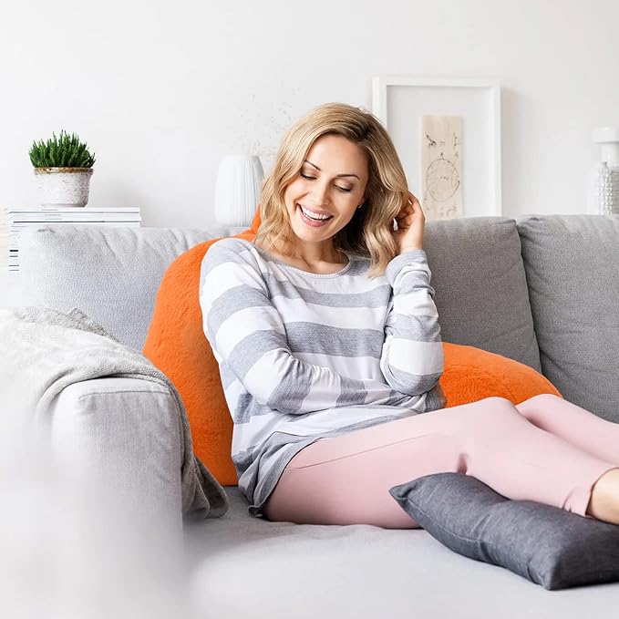 A Nice Night Faux Fur Reading Pillow Bed Wedge Large Adult Children Backrest with Arms Back Support for Sitting Up in Bed/Couch for Bedrest, Orange