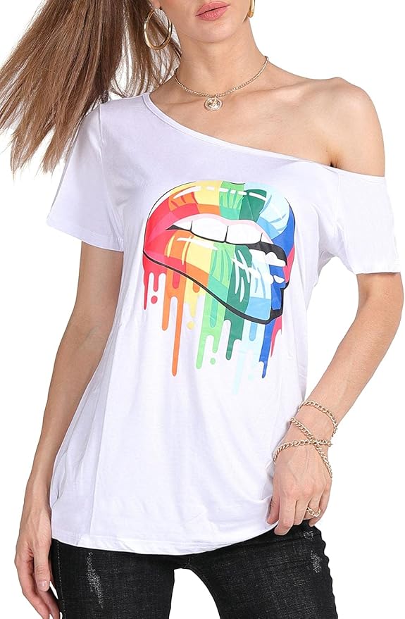 MAGICMK Women’s Short Lips Print Causal Off The Shoulder Plus Size T-Shirt Tops