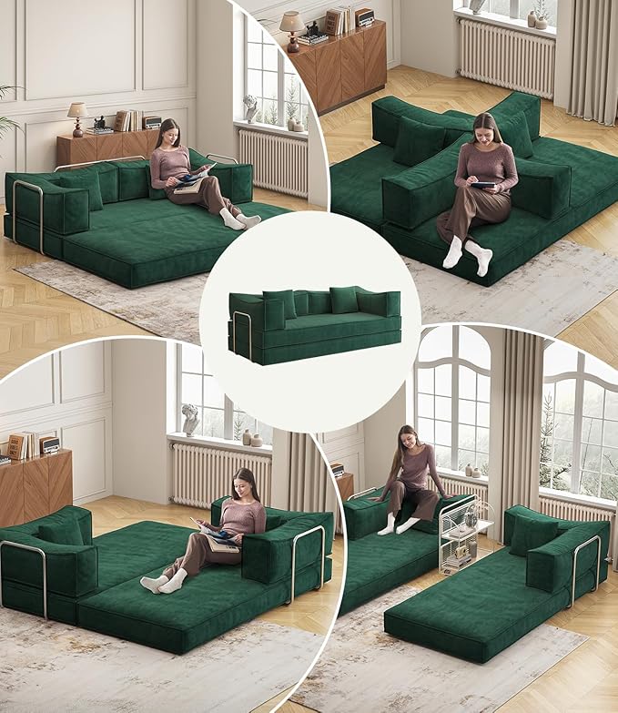 79" Convertible Sleeper Sofa Bed, Corduroy Folding Sleeper Couch with Fixed-Shape Frame, Boneless Couch for Living Room Bedroom, Floor Sofa Lounge No Assembly Required (Green)