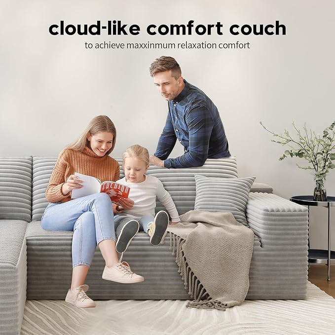 139.4" Modular Sectional Sofa, U-Shaped Minimalist Couches with Ottoman and Middle Seat, Modern Deep Seat Convertible Sleeper Sofa Bed, Reversible Chaise, Cloud Plush Corduroy Fabric,6 Seater, Grey