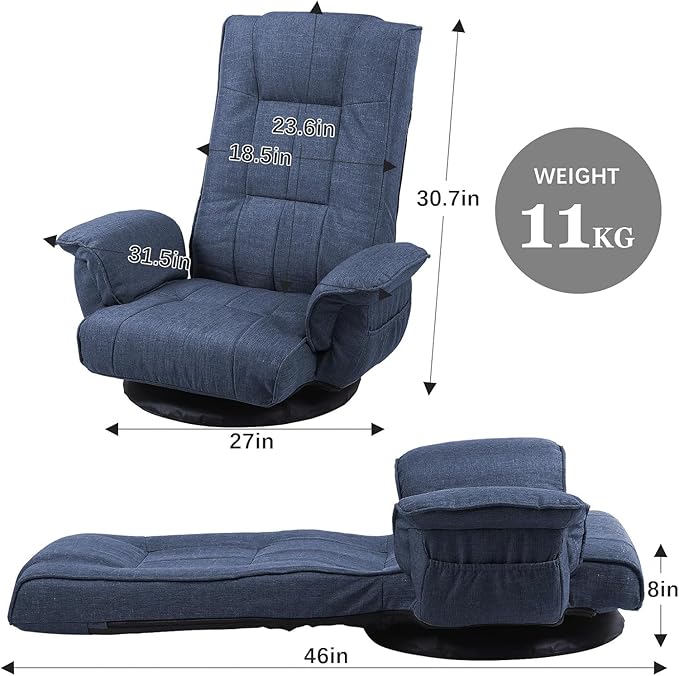 FLOGUOR 360 Swivel Gaming Chair 14-Position Adjustable Folding Floor Sofa with Armrests Lounger Bed for Home & Living Room Chaise Lounge Indoor for Adults (Blue)