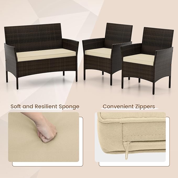 HAPPYGRILL 4 Pieces Outdoor Rattan Conversation Set, Patio Wicker Furniture Set with Loveseat Chairs & Tempered Glass Coffee Table, Outside Sectional Sofa Set for Backyard, Garden & Poolside