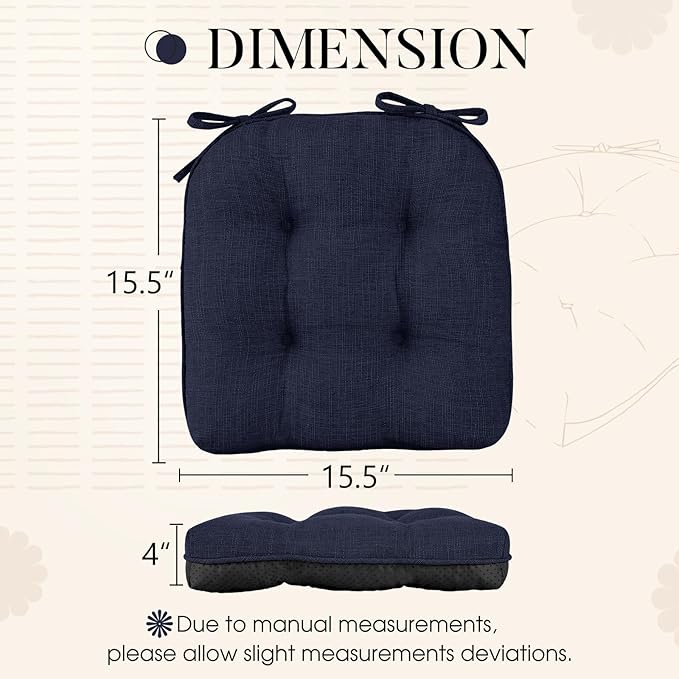 Basic Beyond Chair Cushions for Dining Chairs 4 Pack, Chair Cushion with Ties and Non Slip Backing, 15.5 x 15.5 inches Tufted Kitchen Chair Pads for Dining Chairs(Navy)