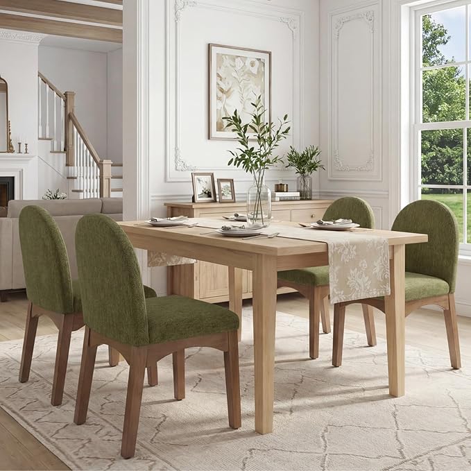 HNY Mid Century Modern Dining Chairs Set of 4, Chenille Upholstered Dining Room Chairs Armless Kitchen Chairs with Solid Rubberwood Legs, Accent Side Chairs for Living Room, Green