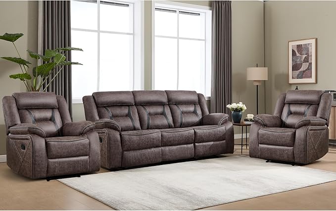 EBELLO Faux Leather Recliner Sofa Furniture Set for Living Room, 2 Recliner Chairs, 3 Seat Reclining Sofa Couch Set for Meeting Room, Grey