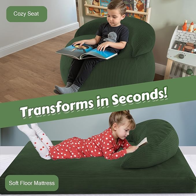 COMAX Bean Bag Chair for Kids, Convertible Toddler Beanbag Bed Corduroy, Children Bean Chair Stuffed to Floor Mattress with Filler, Green