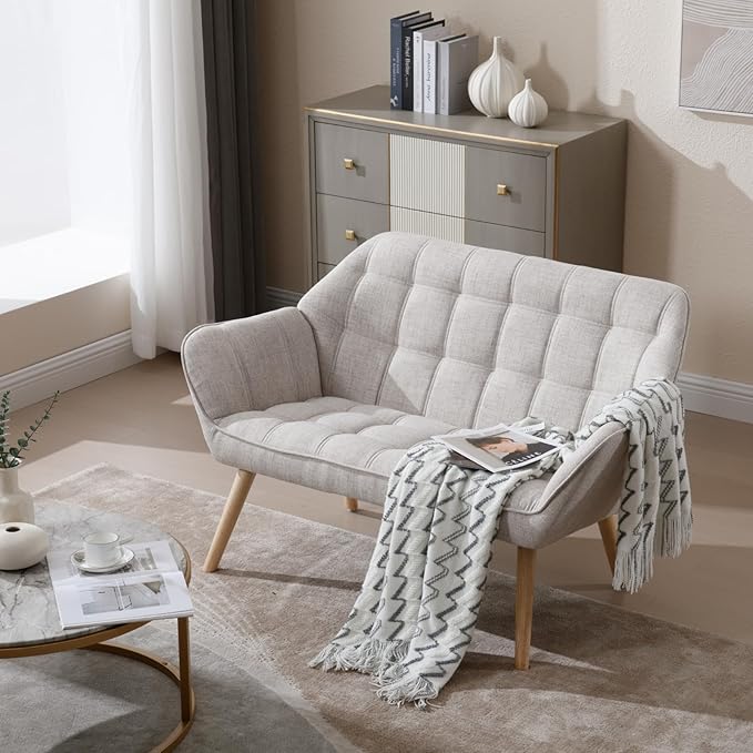 48" Small Loveseat Sofa, Mid Century Modern Linen Love Seat with Wood Legs 2-Seat Sofa Couch Tufted Wingback Upholstered Sofa Chair for Living Room Bedroom Apartment, Beige