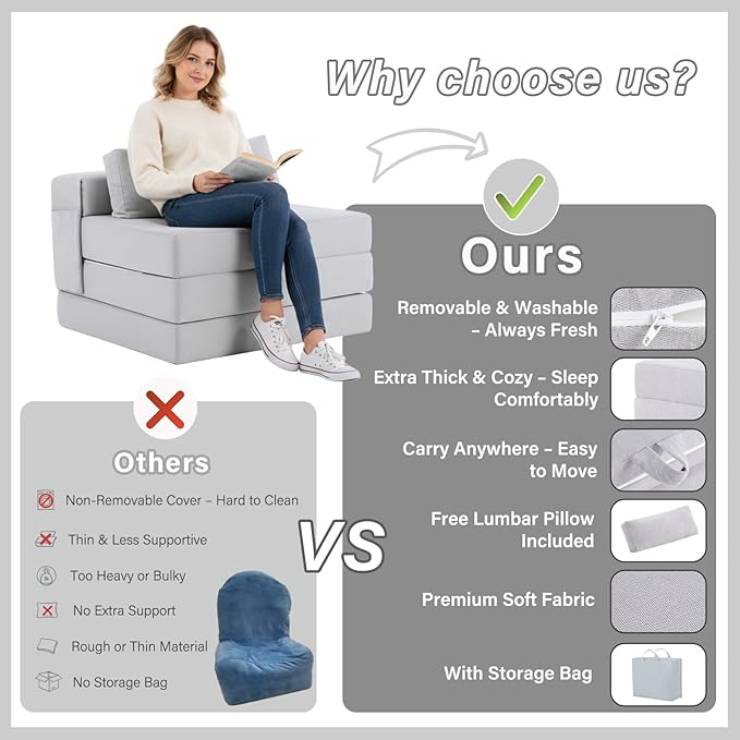 Tiita Folding Sofa Bed-Convertible Sleeper Chair with Storage Bag, Tri Foldable Mattress with Pillow, Portable Fold Out Chair Bed Floor Sofa for Living Room/Dorm/Guest Use/Travel, Single Size, Grey