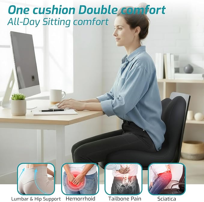 Memory Foam Seat Cushion,Office Chair Cushion with Lumbar Support for Back Pressure Relief,Sciatica,Car Seat Cushion with Adjustable Strap,Hip Pad Cushions for Car,Truck,Desk (D-Black)