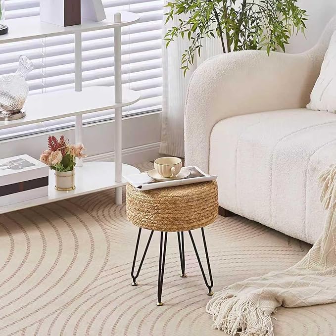 Wimarsbon Ottoman Pouf Handmade Natural Water Hyacinth,Round Footrest with 4 Metal Legs,Vanity Stool for Bedroom,Hallway,Living Room (Primary)