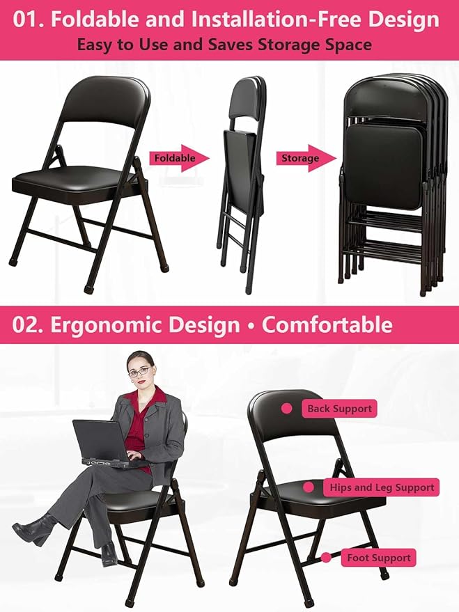 1 Pack Bulk Folding Chairs with Padded Cushion, Single Black Steel Metal Frame Foldable Chair for Indoor and Outdoor, Portable Stackable Commercial Seat for Bedroom Patio Party Event