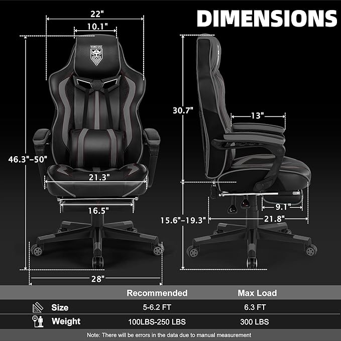 Vonesse Gaming Chair for Adults, Reclining Gaming Chairs with Footrest and Massage, Computer Gaming Chair for Heavy People,Ergonomic Gamer Chair Big and Tall (Black/Gray)