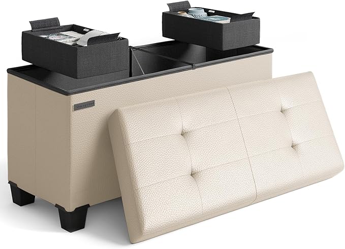 Storage Ottoman Bench with Bins, 30-in Storage Bench for Bedroom End of Bed, Folding Foot Rest Ottoman for Living Room Max 660lbs, Faux Leather Ottomans, Beige