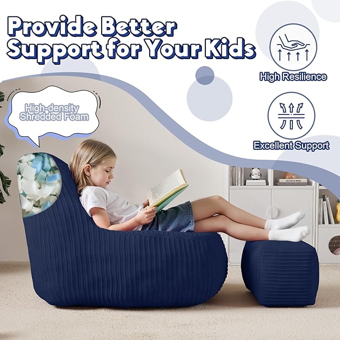 COMAX Kids Bean Bag Chair, Toddler Beanbag Chairs for Kids with Ottoman for Boys and Girls, Corduroy Couch Lounge with Filler Included, Floor Children Sofa Comfy for Reading and Classroom, Navy