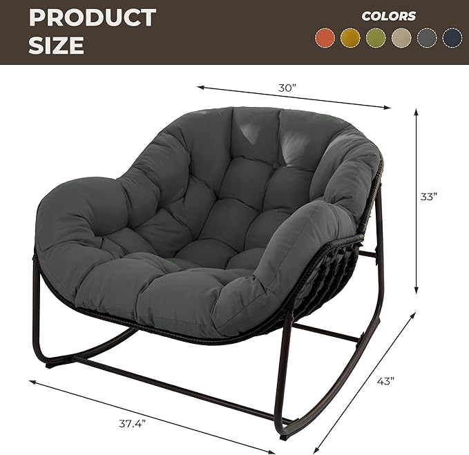 Sgentle Papasan Rocking Chair Outdoor, Oversized Patio Rocking Chair with Cushions & Steel Frame, Wicker Egg Lounge Chair Indoor, Comfy Reading Chair for Patio, Deck, Porch (Grey, Style 1)