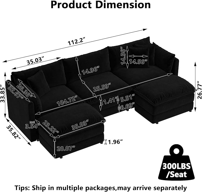 Aoowow Modular Sectional Sofa Modern Convertible U Shaped Couch,112.2 Inch Deep 3-Seater Sofas Set Comfy Chenille Cloud Sofas and Couches with Movable Ottoman for Living Room Apartment（Black）