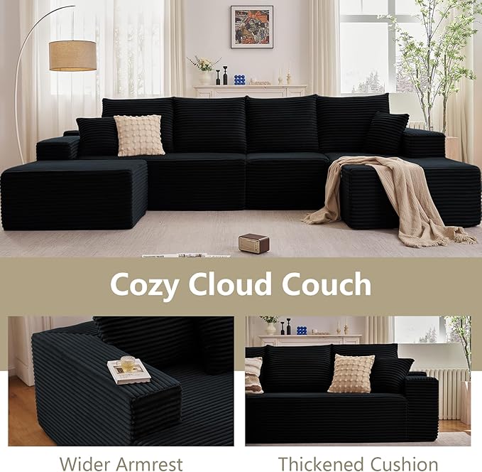 Lakifun 135" U-Shape Cloud Couch, Modern Modular Sectional Comfy L-Shape Sofa with Ottoman, Deep Seat, Upholstered Corduroy Sleeper Chaise Longue for Living Room Bedroom, No Assembly Required, Black