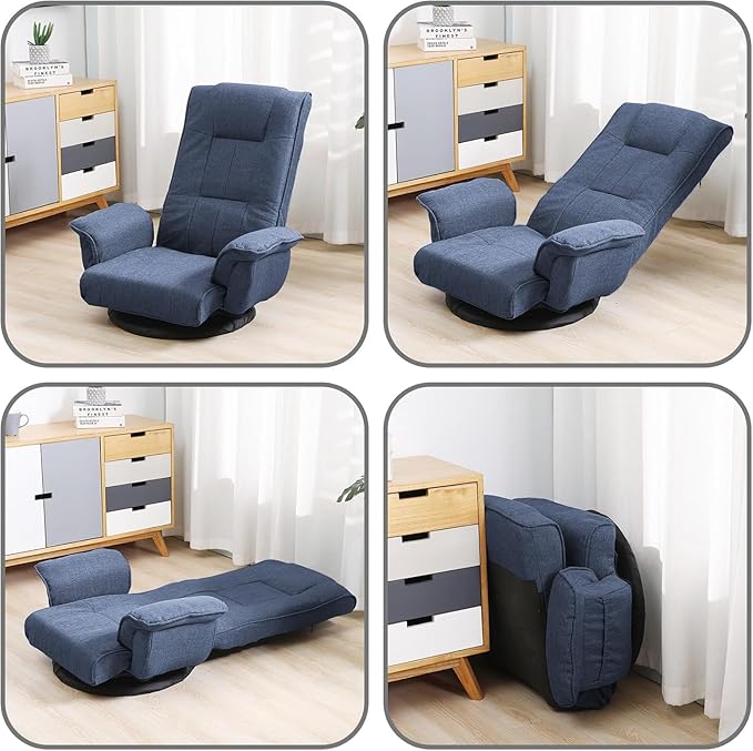 FLOGUOR 360 Swivel Gaming Chair 14-Position Adjustable Folding Floor Sofa with Armrests Lounger Bed for Home & Living Room Chaise Lounge Indoor for Adults (Blue)
