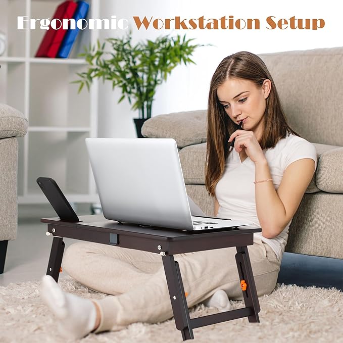 Laptop Desk for Bed with Fan Nnewvante 7 Angles & 4 Heights Adjustable Bamboo Laptop Table Foldable Lap Desk with Drawer and Phone Slot for Bed Floor Sofa, Black Walnut
