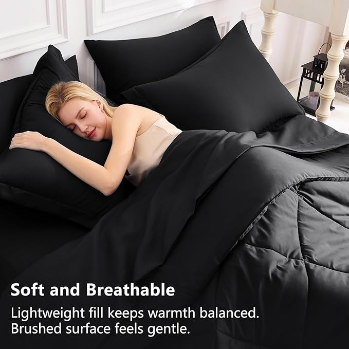 CozyLux California King Comforter Set Black - Cal King Bed in a Bag 7 Pieces, Luxury Soft Bed Set for All Seasons, Bedding Set with Down Alternative Comforter, Sheets, Pillowcases & Shams