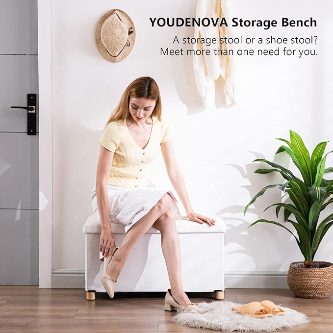 30 Inches Folding Storage Ottoman Bench, Velvet Storage Chest, Footrest Couch with Wooden Legs, Support 350lbs for Bedroom, Living Room, Hallway, White