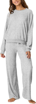 Aamikast Women's 2-Piece Lounge Set Soft Brushed Jersey Sleepwear Pajamas Set Long Sleeve Top & Wide Leg Pants