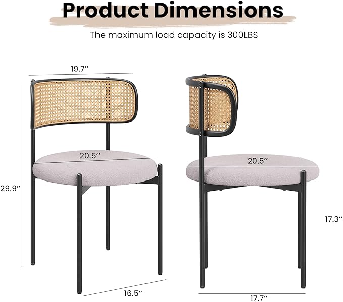 Farini Dining Chairs Set of 4,Mid-Century Modern Kitchen Chair Rattan Backrest Round Upholstered Sherpa Dining Chairs with Metal Legs,Light Grey