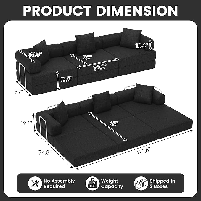 DURASPACE 117.6'' Folding Convertible Sofa Bed Boneless Foam Sectional Couches with Fixed-Shape Frame, 3-Seater Modular Floor Sleeper Sofa for Living Room (Chenille Black)