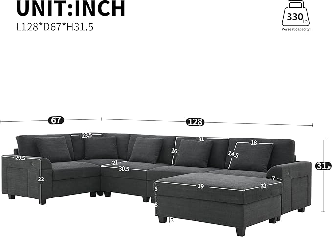 Furnimart 128" U Shaped Sectional Sofa, 5 Seat Chenille Couch Set with Oversized Chaise Lounge, Hidden Armrest Storage and Cup Holders, USB Charging Ports, Deep Seat Sofa for Living Room, Beige