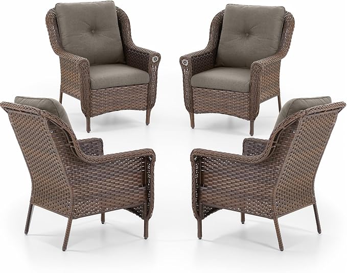 ACTREST Patio Wicker Chairs Outdoor Furniture Chair - Set of 4 Outside All Weather Lawn Dining Brown Rattan Armchair with High Back&Deep Seating for Deck Porch Balcony Backyard Garden - Grey