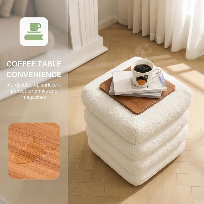 Wimarsbon Round Storage Ottoman, Modern Sherpa Footstool, Teddy Vanity Stool with Flip-Top Tray, Makeup Chair for Home Decor, Upholstered Footrest for Living Room & Bedroom (16inch Square)