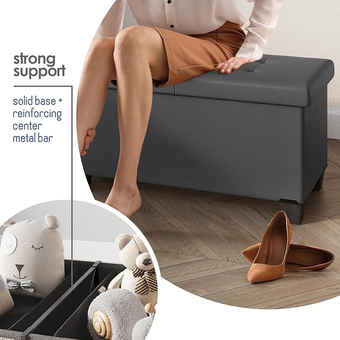 Storage Ottoman Bench with Bins, 43-in Storage Bench for Bedroom End of Bed, Folding Foot Rest Ottoman for Living Room Max 660lbs, Faux Leather Ottomans, Grey