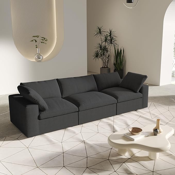 3 SeaterCloud Sectional Couch, Black Modular Sectional Sofa, Modern Comfy Sofa, Covers Removable, Convertible Sleeper Couch for Living Room Apartment (Linen Fabric)