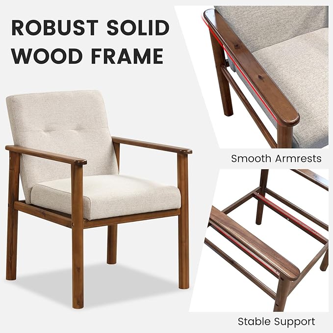 GOFLAME Accent Chair, Mid-Century Modern Armchair with Solid Wood Legs, Soft Cushioned Seat, Upholstered Linen Fabric Leisure Chair for Living Room, Bedroom, Guest Room, Office, Beige