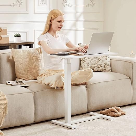 Mobile Bed Laptop Desk with Lockable Wheels and Height Adjustment Function Versatile Overbed Table for Hospital Bedside and Efficient Home Office, White