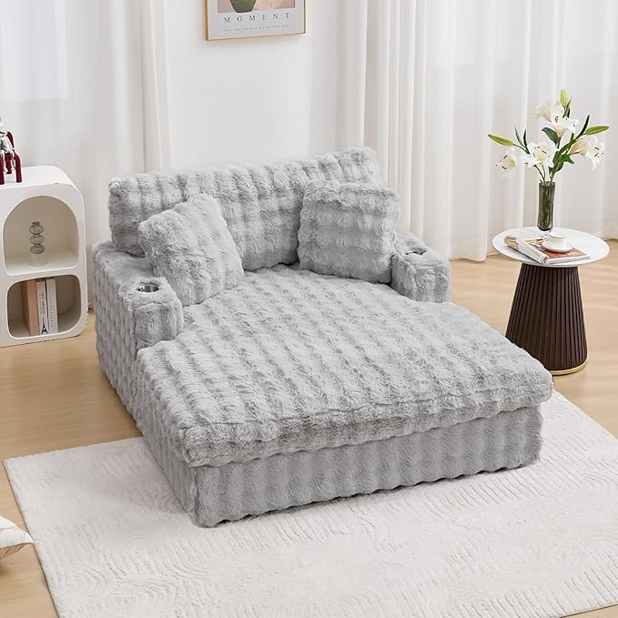 52.5 Inch Oversized Chaise Lounge Chair Indoor, Faux Fur Upholstered Sleeper Couch, Ergonomic Deep Seat Sleeper Sofa with Plush Pillows, Cup Holders, USB Port,Reading Chairs for Living Room/Light Grey
