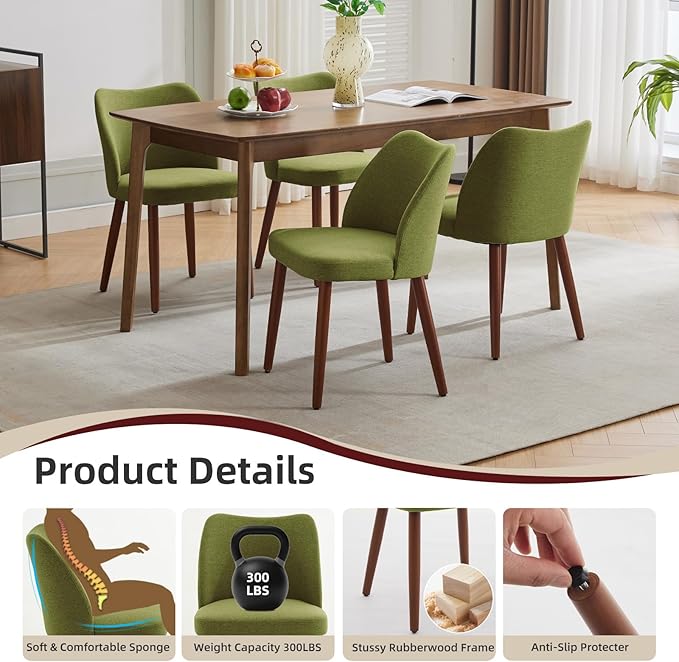 ElfinAura Dining Chair Set of 2, Linen Upholstered Dining Chair with Wood Legs, Wing Backrest, Wooden Kitchen Chair, Kitchen Chairs with Thick Cushions for Dining Room, Living Room, Green