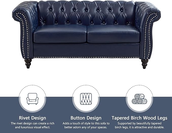 QHITTY Accent Sofa, Chesterfield Loveseat Modern Leather Couch Upholstered Sofa with Tufted Back for Living Room Furniture (Blue)