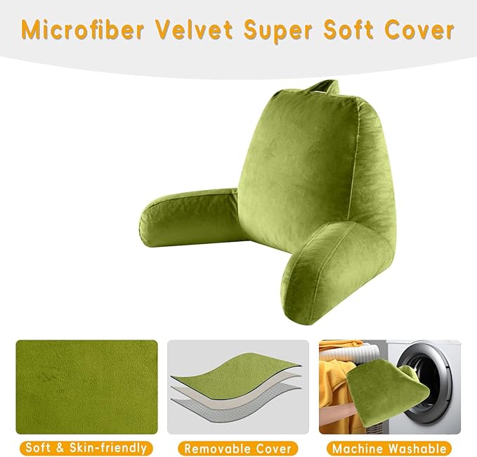 OAISZ Reading Pillow for Sitting in Bed Adult, X-Large Reading Pillow with Shredded Memory Foam, Back Pillow for Sitting Up with Extend Arms, Pockets, Bed Pillow with Washable Cover, FluorescentGreen